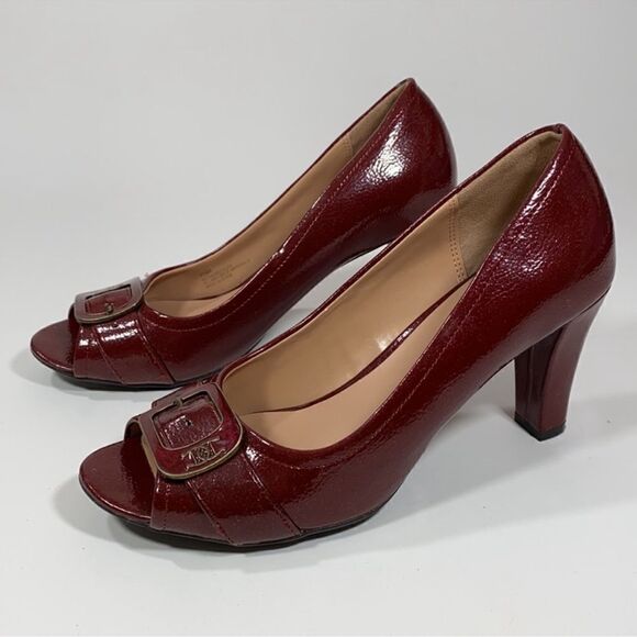 ETIENNE AIGNER Dune Red Patent Vegan Open-Toe Heels Shoes Size 6.5M Buckles B42 - Picture 1 of 10